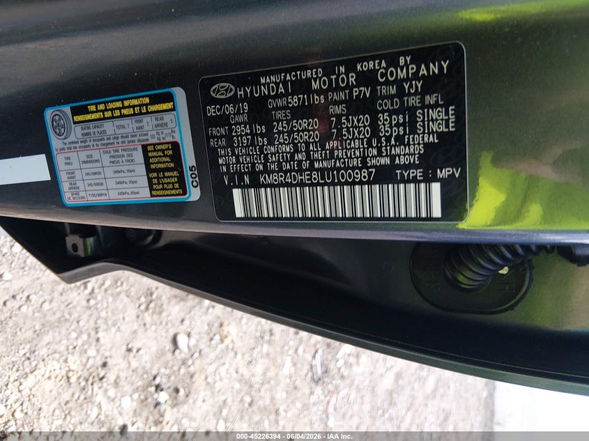 2020 Hyundai Palisade Sel VIN: KM8R4DHE8LU100987 Lot: 45226394
