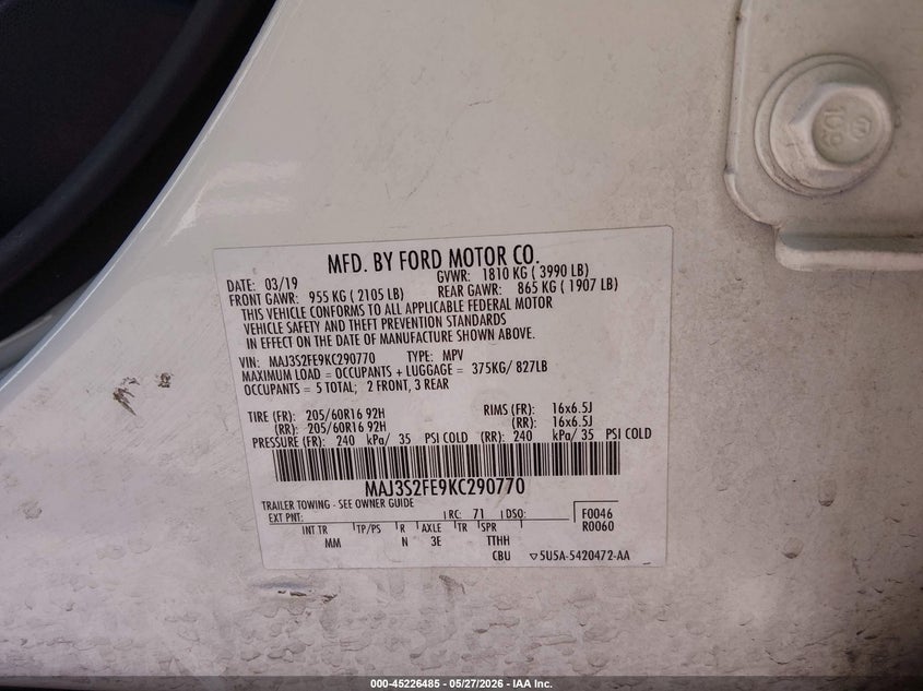 2019 Ford Ecosport S VIN: MAJ3S2FE9KC290770 Lot: 45226485