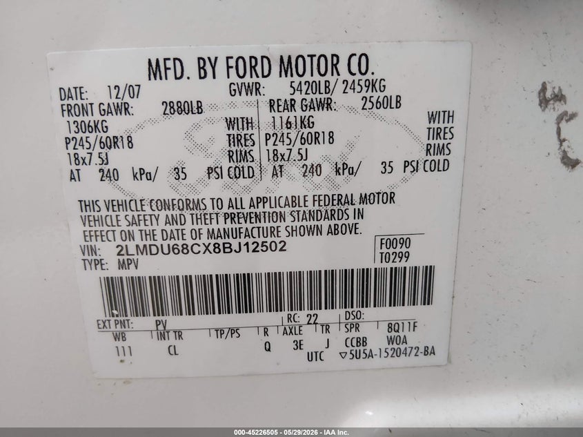 2008 Lincoln Mkx VIN: 2LMDU68CX8BJ12502 Lot: 45226505