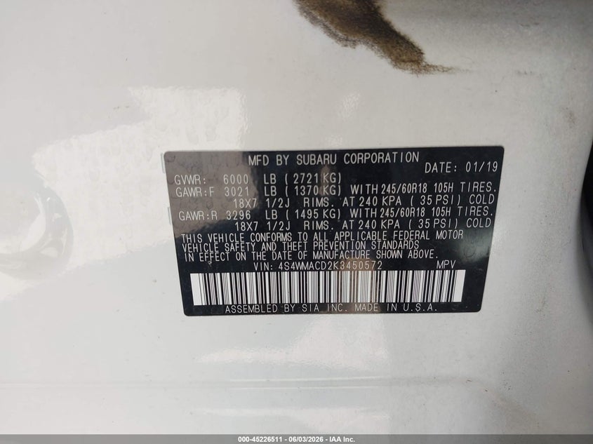 2019 Subaru Ascent Premium VIN: 4S4WMACD2K3450572 Lot: 45226511