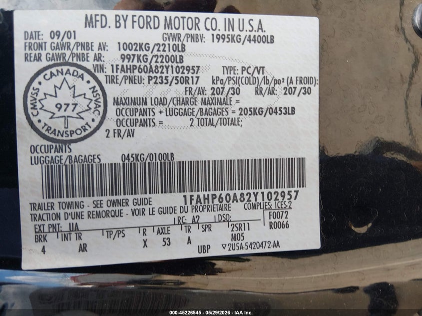 2002 Ford Thunderbird VIN: 1FAHP60A82Y102957 Lot: 45226545