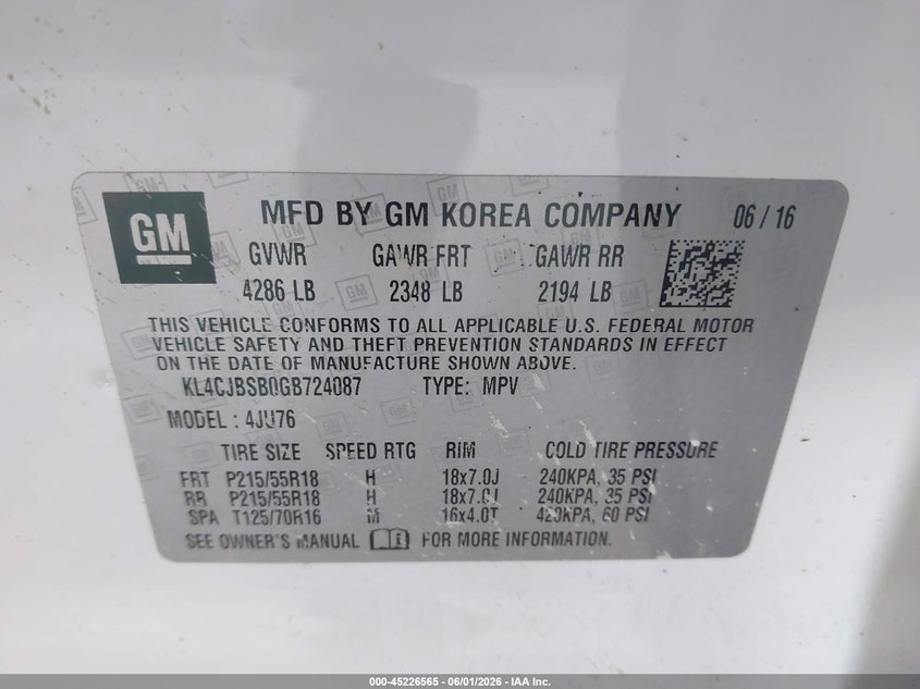 2016 Buick Encore Convenience VIN: KL4CJBSB0GB724087 Lot: 45226565