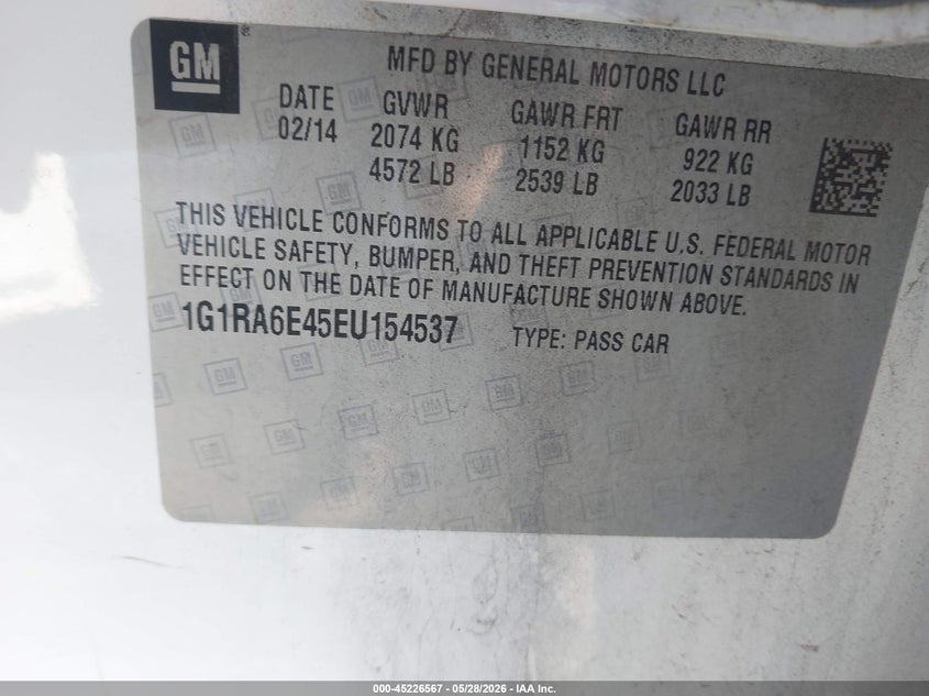 2014 Chevrolet Volt VIN: 1G1RA6E45EU154537 Lot: 45226567