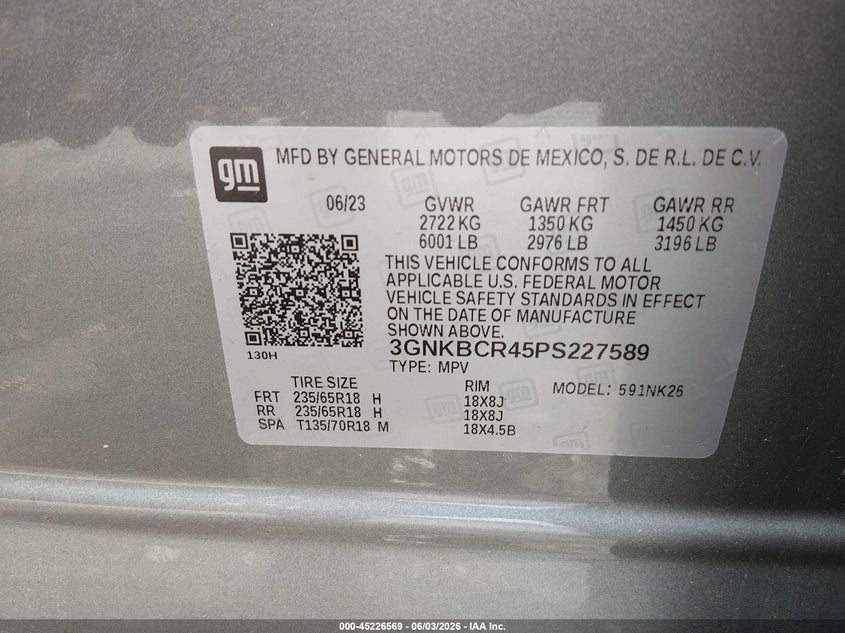 2023 Chevrolet Blazer Fwd 2Lt VIN: 3GNKBCR45PS227589 Lot: 45226569