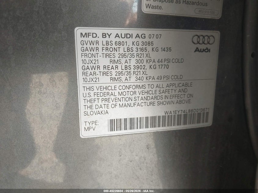 2008 Audi Q7 3.6 Premium VIN: WA1EY74L88D013671 Lot: 45226604