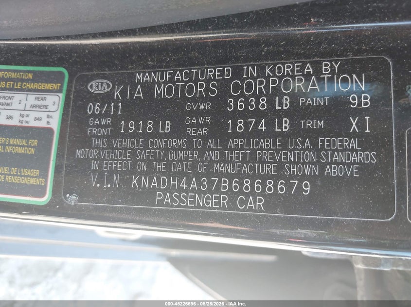 2011 Kia Rio Lx VIN: KNADH4A37B6868679 Lot: 45226696