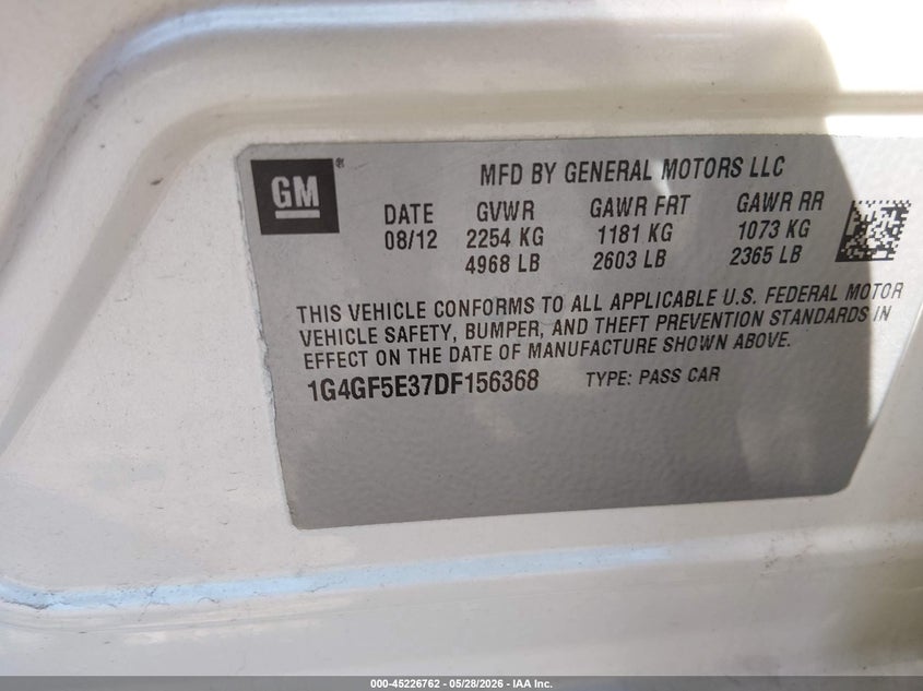 2013 Buick Lacrosse Premium 1 Group VIN: 1G4GF5E37DF156368 Lot: 45226762