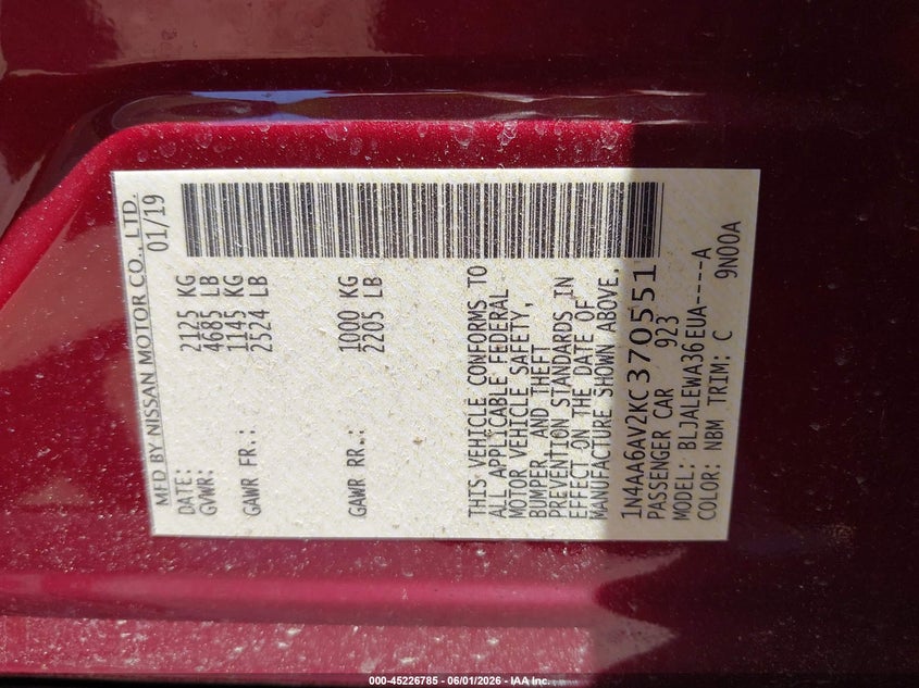 2019 Nissan Maxima 3.5 Sl VIN: 1N4AA6AV2KC370551 Lot: 45226785
