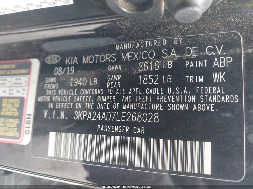 2020 Kia Rio S VIN: 3KPA24AD7LE268028 Lot: 45226901