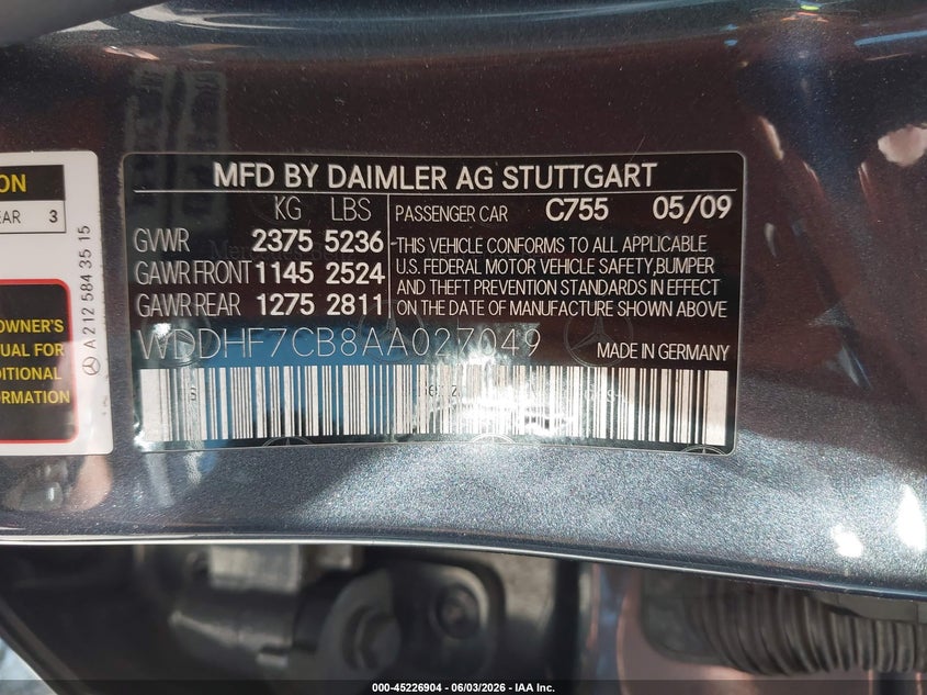 2010 Mercedes-Benz E 550 VIN: WDDHF7CB8AA027049 Lot: 45226904