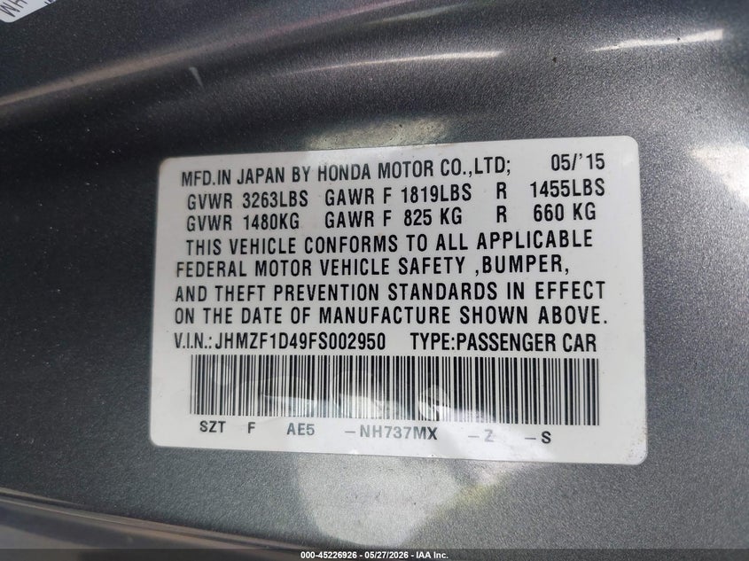 2015 Honda Cr-Z VIN: JHMZF1D49FS002950 Lot: 45226926