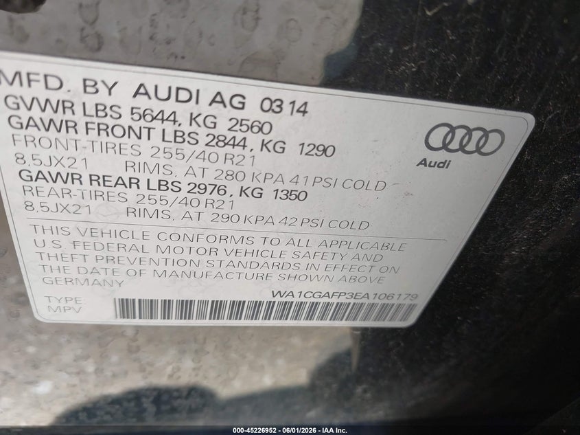 2014 Audi Sq5 3.0T Premium Plus VIN: WA1CGAFP3EA106179 Lot: 45226952