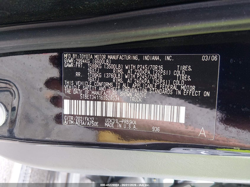 2006 Toyota Tundra Sr5 V8 VIN: 5TBET34116S528534 Lot: 45226988