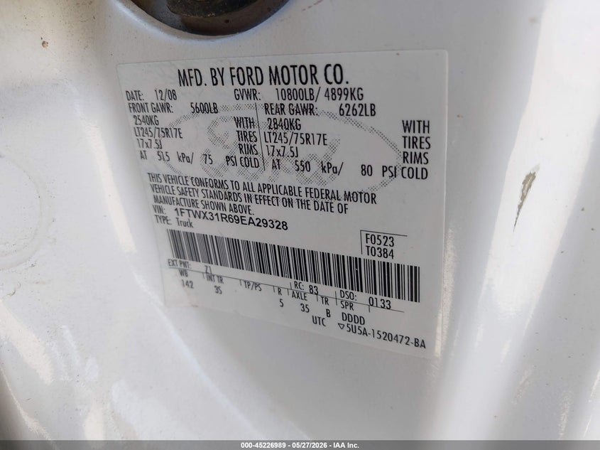 2009 Ford F-350 Fx4/Lariat/Xl/Xlt VIN: 1FTWX31R69EA29328 Lot: 45226989