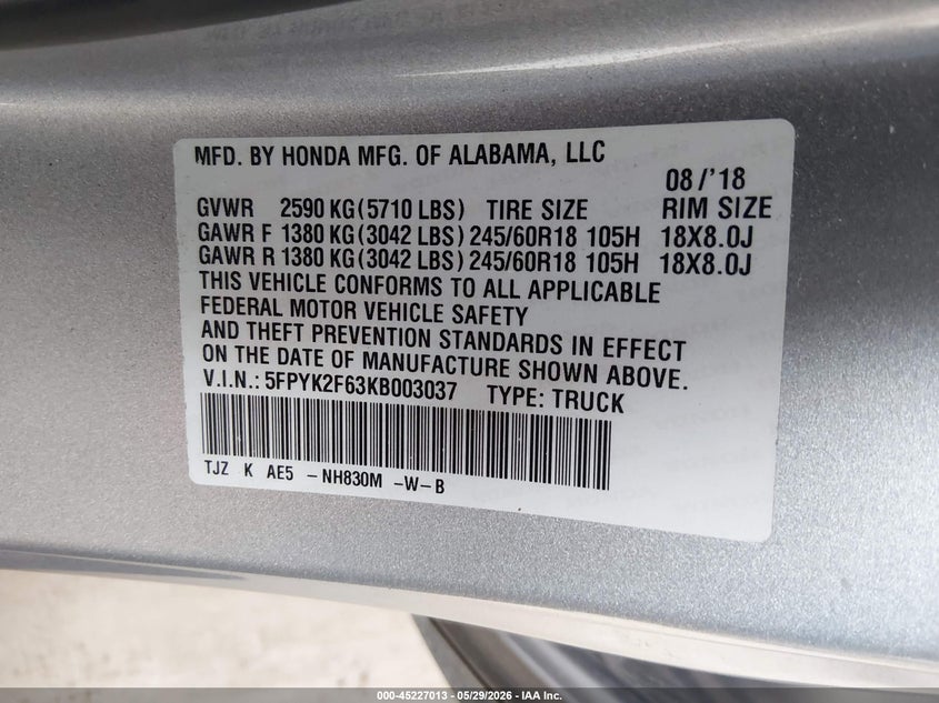 2019 Honda Ridgeline Rtl-T VIN: 5FPYK2F63KB003037 Lot: 45227013