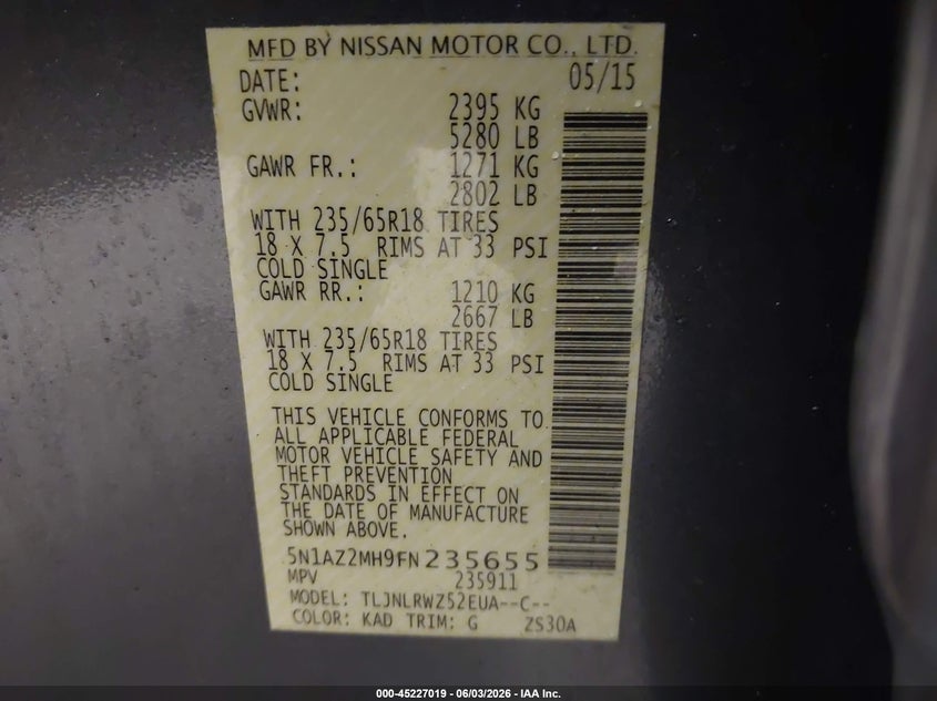 2015 Nissan Murano Sl VIN: 5N1AZ2MH9FN235655 Lot: 45227019