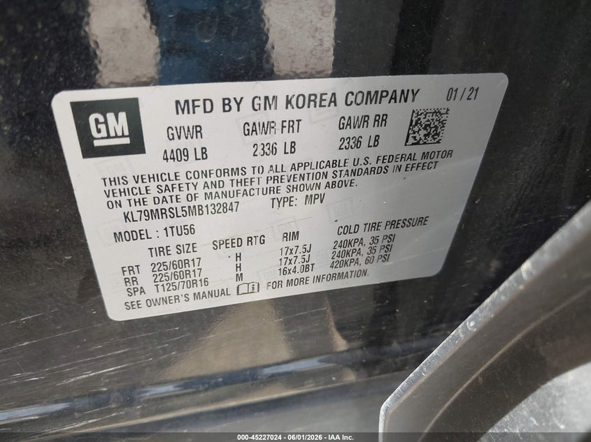 VIN KL79MRSL5MB132847 2021 CHEVROLET TRAILBLAZER AWD LT