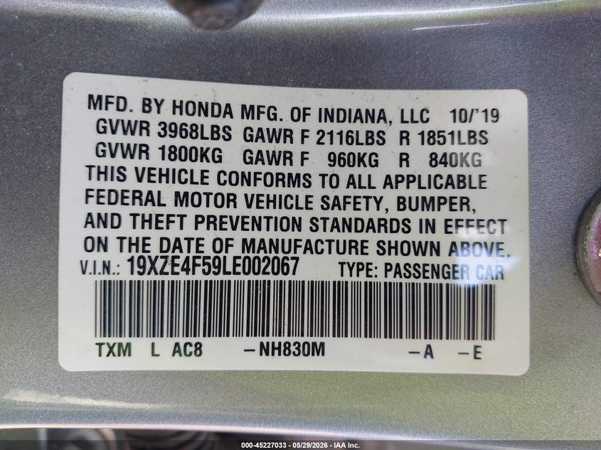 2020 Honda Insight Ex VIN: 19XZE4F59LE002067 Lot: 45227033