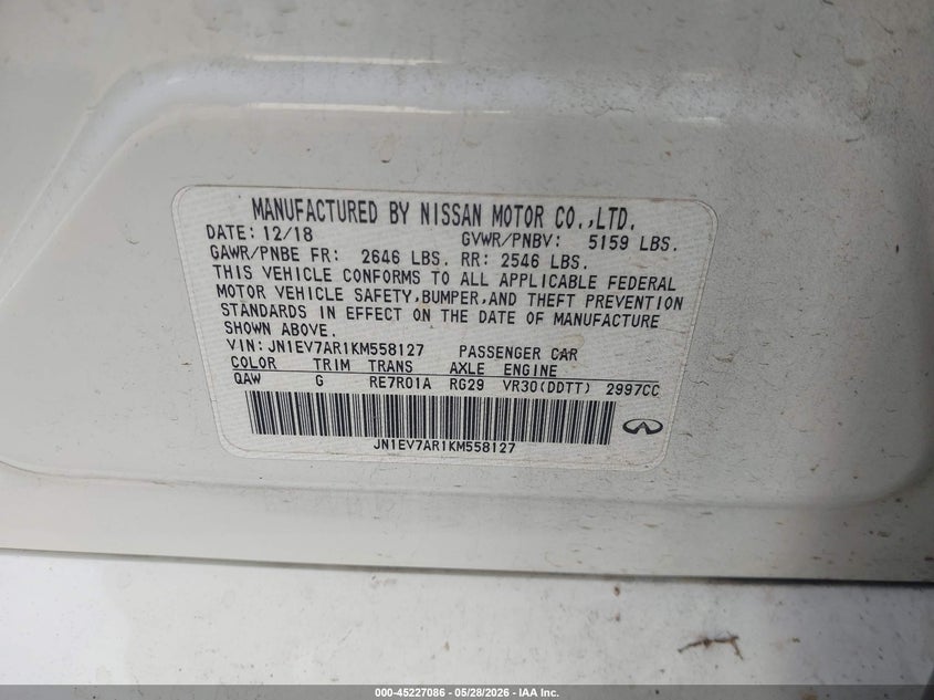 2019 Infiniti Q50 3.0T Luxe VIN: JN1EV7AR1KM558127 Lot: 45227086