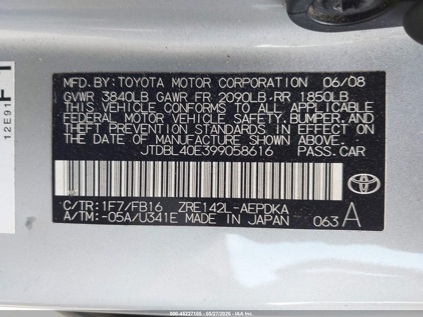 2009 Toyota Corolla 1.8 Le silver Lot 111045227105 Vin JTDBL40E399058616