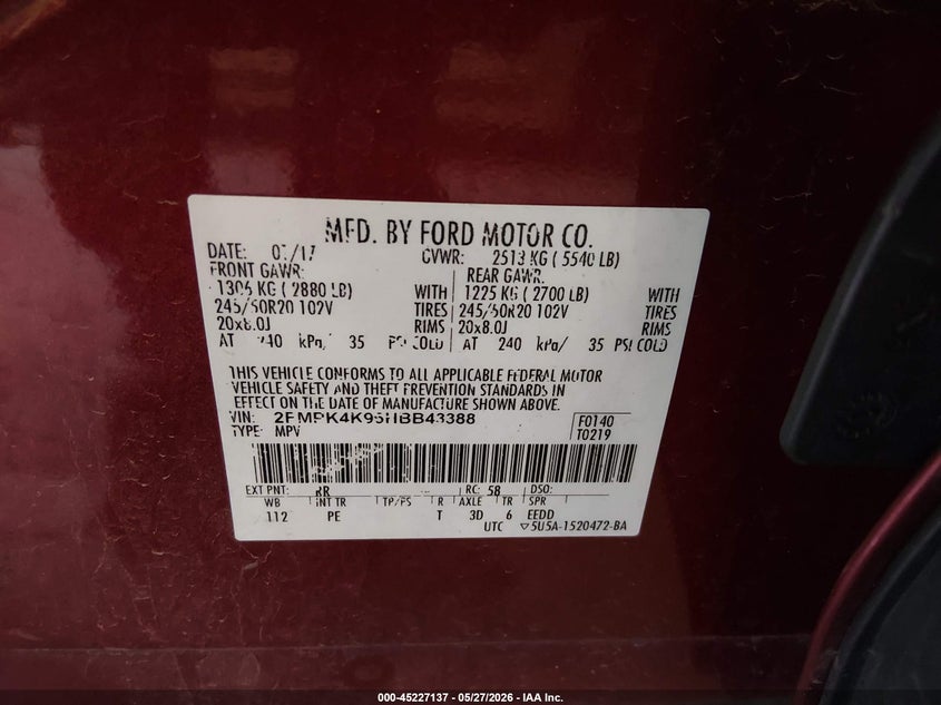 VIN 2FMPK4K96HBB43388 2017 FORD EDGE TITANIUM