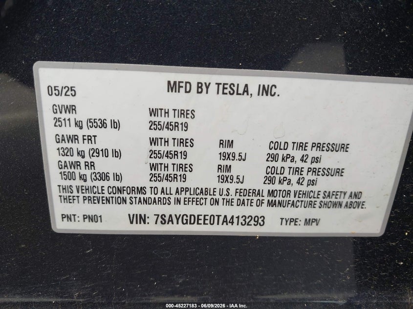TESLA MODEL Y 2026 VIN 7SAYGDEE0TA413293