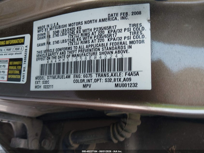 2008 Mitsubishi Endeavor Se VIN: 4A4MM31S58E042243 Lot: 45227184