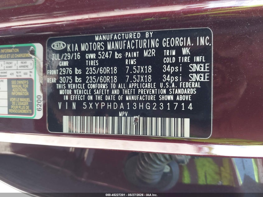 2017 KIA SORENTO SPORT UTILITY VEHICLE 2.0L I-4 DI, DOHC, VVT, TURBO, 240HP