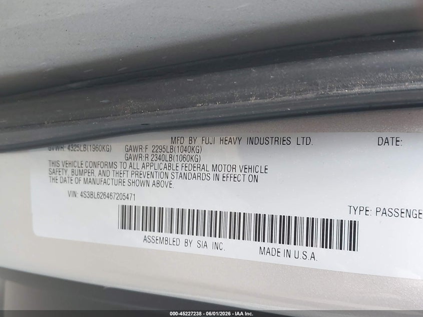 2006 Subaru Legacy 2.5I/2.5I Limited VIN: 4S3BL626467205471 Lot: 45227238