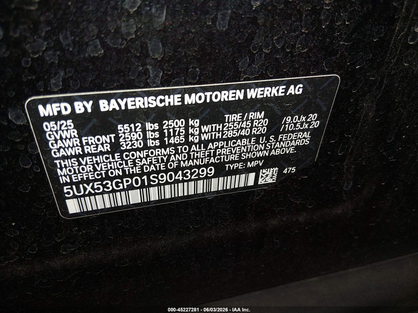 2025 BMW X3 30 xDrive VIN: 5UX53GP01S9043299 Lot: 45227281