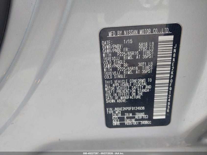 2015 Nissan Quest S VIN: JN8AE2KP0F9124936 Lot: 45227297