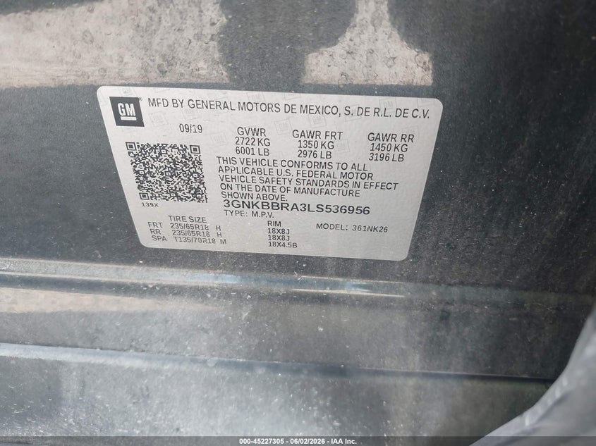 2020 Chevrolet Blazer Fwd 1Lt VIN: 3GNKBBRA3LS536956 Lot: 45227305