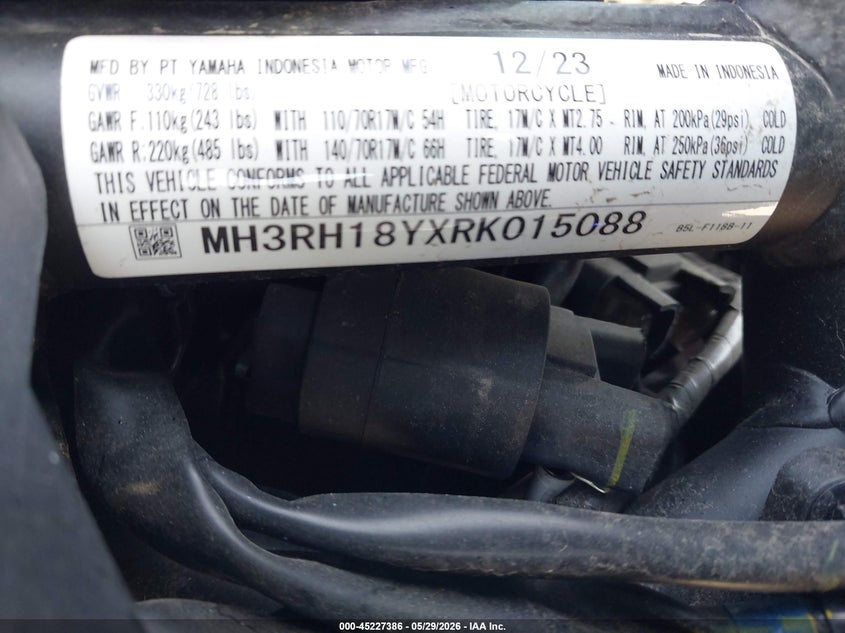 2024 Yamaha Yzfr3 A VIN: MH3RH18YXRK015088 Lot: 45227386