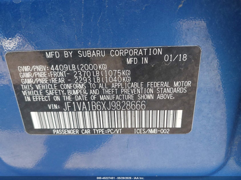 2018 Subaru Wrx Premium VIN: JF1VA1B6XJ9828666 Lot: 45227451