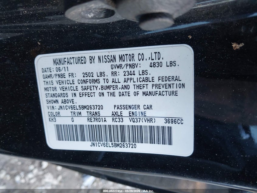 2011 Infiniti G37X VIN: JN1CV6EL5BM263720 Lot: 45227454