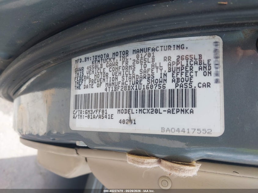 2001 Toyota Avalon Xl VIN: 4T1BF28BX1U160756 Lot: 45227478
