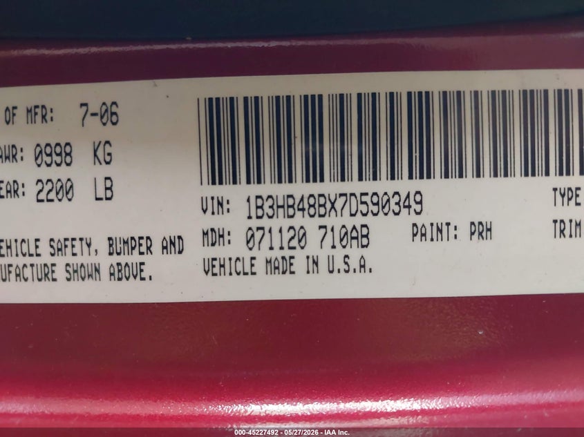2007 Dodge Caliber Sxt VIN: 1B3HB48BX7D590349 Lot: 45227492