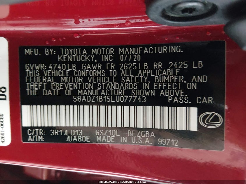 2020 LEXUS ES SEDAN 3.5L V-6 DI, DOHC, VVT, 302HP