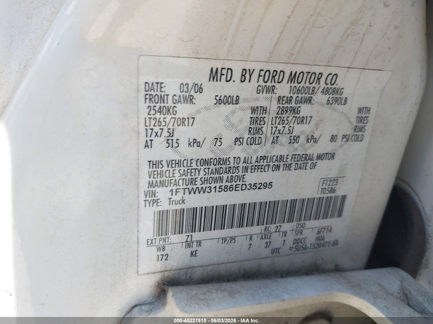 2006 Ford F-350 Lariat/Xl/Xlt VIN: 1FTWW31586ED35295 Lot: 45227510