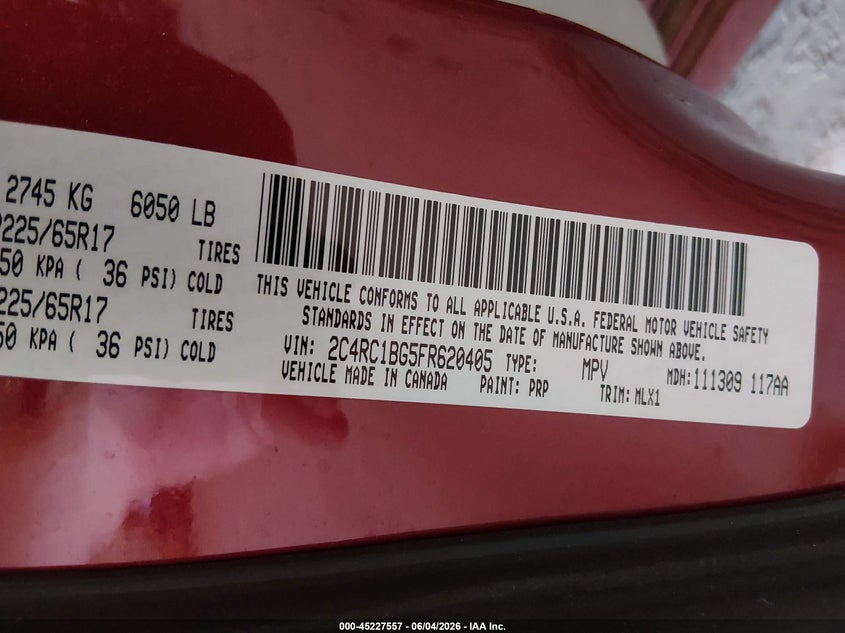 2015 Chrysler Town & Country Touring VIN: 2C4RC1BG5FR620405 Lot: 45227557