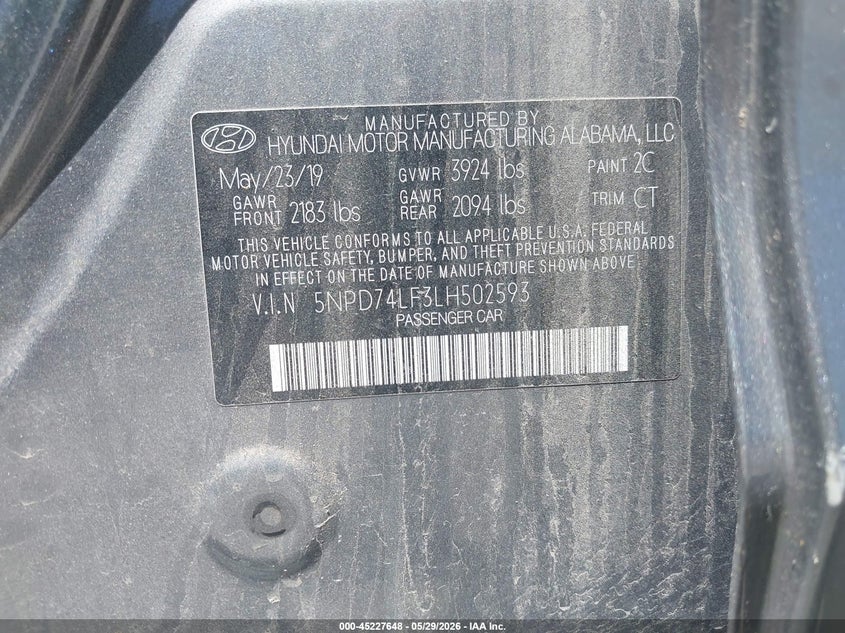 VIN 5NPD74LF3LH502593 2020 HYUNDAI ELANTRA SE