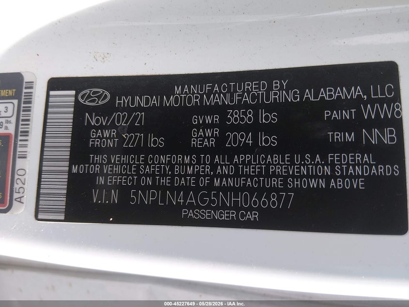 2022 Hyundai Elantra Sel VIN: 5NPLN4AG5NH066877 Lot: 45227649