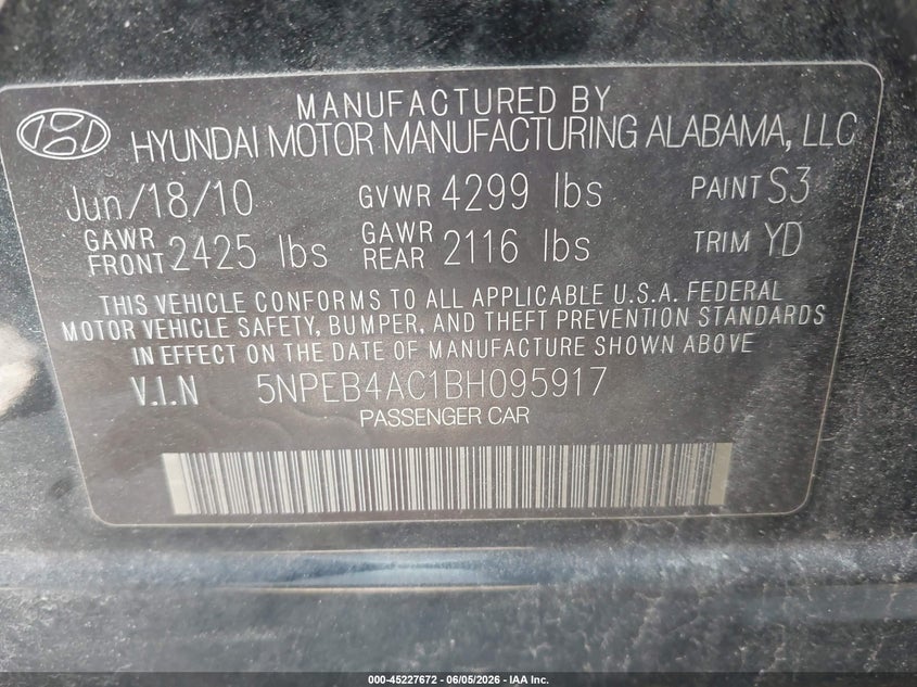 2011 HYUNDAI SONATA SEDAN 2.4L I-4 DI, DOHC, VVT, 190HP