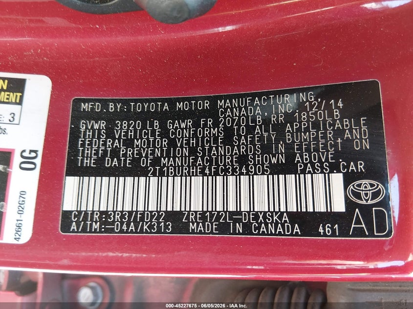 2015 Toyota Corolla S VIN: 2T1BURHE4FC334905 Lot: 45227675