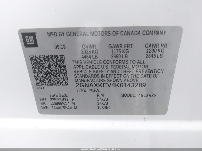 CHEVROLET EQUINOX 2019 VIN 2GNAXKEV4K6143289