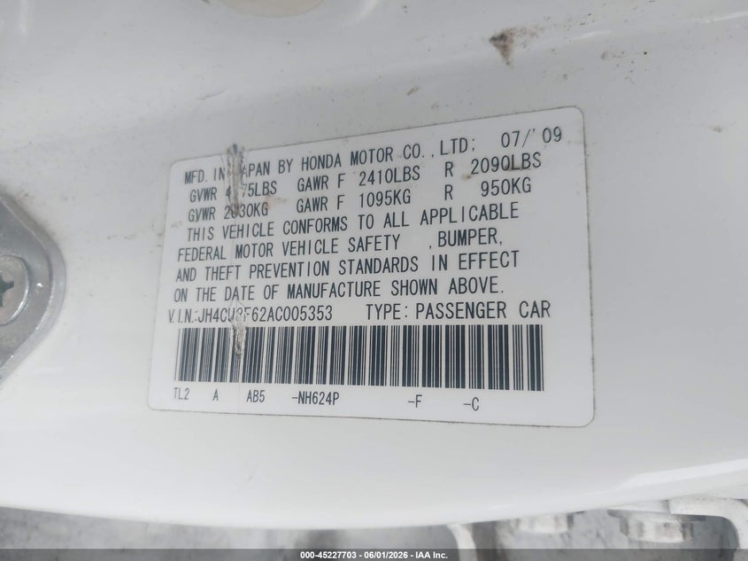 2010 Acura Tsx 2.4 VIN: JH4CU2F62AC005353 Lot: 45227703