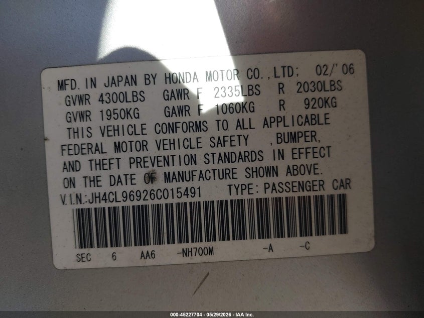 2006 Acura Tsx VIN: JH4CL96926C015491 Lot: 45227704