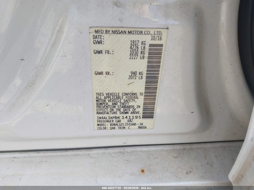 VIN 1N4AL3AP8HC141195 2017 NISSAN ALTIMA 2.5 S