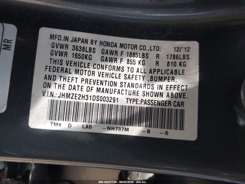 2013 Honda Insight VIN: JHMZE2H31DS003291 Lot: 45227746