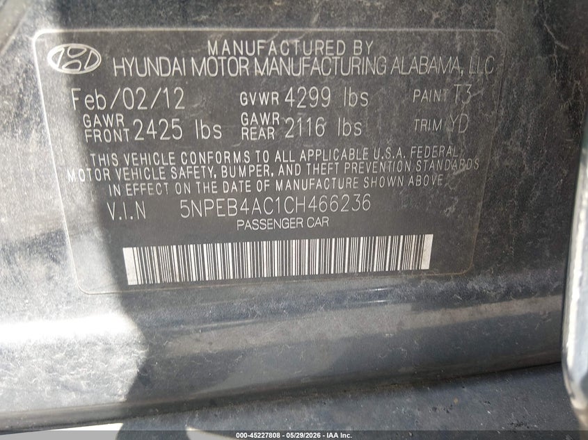 2012 Hyundai Sonata 2.4 Gls blue Lot 111045227808 Vin 5NPEB4AC1CH466236